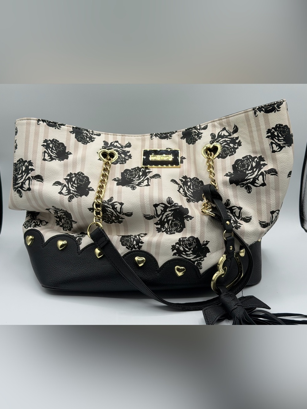 Betsey Johnson Floral Rose Print Tote Bag Black Cream Rose Purse Bag